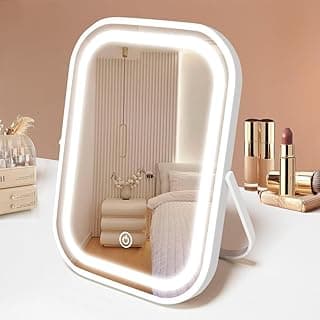 YEKKOPT Travel Makeup Mirror with Lights, Portable Small Beauty LED Vanity Mirror with Lights, 1200mAh Battery, Dimmable Touch Screen, Tabletop Folding Compact Mirror,Women Gift