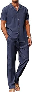Men 2 Piece Linen Outfit Beach Button Down Shirt Casual Loose Pant Sets