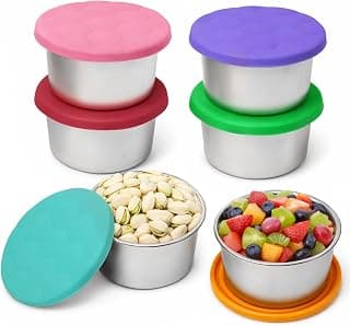6-Pack 8oz Stainless Steel Snack Containers for Kids, Leakproof | BPA-Free food-grade silicone lids, reusable easy-open for small hands, daycare school lunch travel, portion control