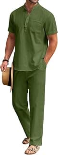 Men's 2 Pieces Cotton Linen Set Casual Short Sleeve Henley Shirts Beach Yoga Pants Summer Outfits