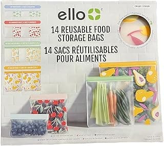 Ello 14 Reusable Produce Bags, Assorted Sizes (Snack, Sandwich, Half Gallon), Zipper Closure, PEVA Material, Multicolored, Leak Resistant, Dishwasher Safe