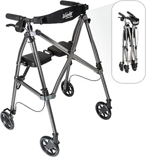 Stander Space Saver Rollator, Lightweight Folding Rolling Walker with Seat for Seniors & Adults, 4-Wheel Mobility Aid with 6-inch Wheels, Locking Brakes & Padded Seat with Backrest, Black Walnut