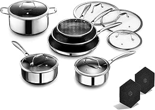 HexClad Hybrid Nonstick 14-Piece Cookware Set, 8", 10", and 12" Pans with Lids, 2, 3, and 8Qt Pots with Lids, and 2 Silicone Trivets, Stay-Cool Handles, Dishwasher and Oven-Safe, Induction Ready