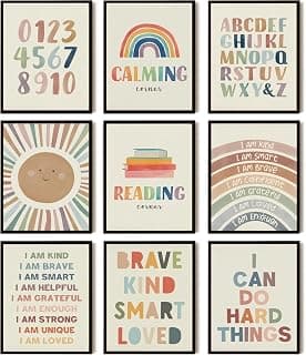 SEHSUVC Baby Alphabet 1 2 3 Wall Art Set of 9, Number Rainbow Canvas Posters Prints, Kids ABC Positive Affirmation Wall Decor Paintings for Kids Room Nursery Bedroom Home Decor 8x10In Unframed