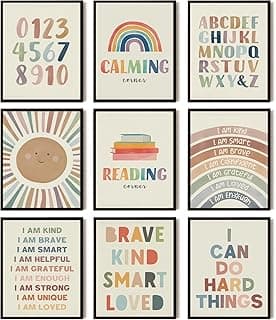 SEHSUVC Baby Alphabet 1 2 3 Wall Art Set of 9, Number Rainbow Canvas Posters Prints, Kids ABC Positive Affirmation Wall Decor Paintings for Kids Room Nursery Bedroom Home Decor 8x10In Unframed