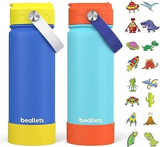 2-Pack Kids Water Bottle, 18oz Toddler Insulated Bottles with Stickers, 18/8 Stainless Steel Leak-Proof Kids Straw Cup for School, Gifts for Boy(OrangeBlue + YellowBlue)