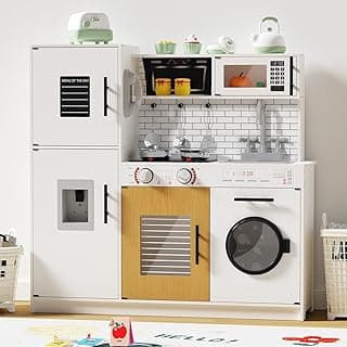 Babytronic Wooden Play Kitchen Sets for Toddlers Ages 3+ (White) | with Washing Machine,Ice Maker, Play Phone,Range Hood,Faucet, Oven, Microwave, Stove & Accessories