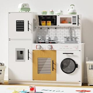 Babytronic Wooden Play Kitchen Sets for Toddlers Ages 3+ (White) | with Washing Machine,Ice Maker, Play Phone,Range Hood,Faucet, Oven, Microwave, Stove & Accessories