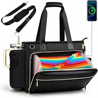 Teacher Tote Bag with Colourful Accordion File Organizer Pocket, USB Port& 15.6 Inch Laptop Compartment, Large Work Bag with Insulated Pocket for School Teacher Essential Nurse Women (Black)