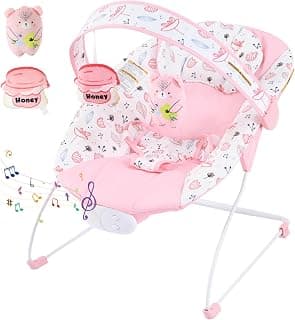 Portable Baby Bouncer Seat with 8 Melodies, 3 Vibration Levels & Adjustable Volume, Foldable Infant Bouncer Rocker with Safety Harness for Baby 0-6 Months, Indoor & Outdoor Use BR2402