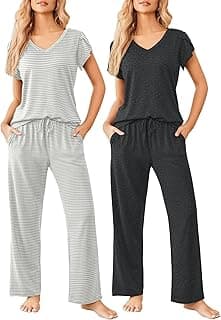 Ekouaer 2 Pack Womens Pajama Set Short Sleeve Sleepwear Soft Pjs Lounge Set | Cute Printed Loungewear,Comfy Sleep Set,Gift for Mom,Wife,V Neck Top & Elastic Waist Pants with Pockets,2 Piece Sets