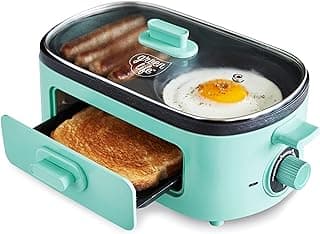 GreenLife 3-in-1 Breakfast Maker Station, Healthy Ceramic Nonstick Dual Griddles for Eggs Meat Sausage Bacon Pancakes and Breakfast Sandwiches, 2 Slice Toast Drawer, Easy-to-use Timer, Turquoise