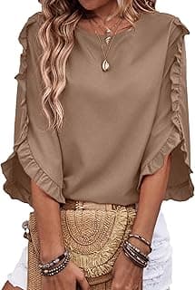 Budget Find You Need: 3/4 Length Sleeve Womens Tops Dressy Casual Blouses Crewneck Ruffle Sleeve Shirts Spring Outfits Business Work Tops