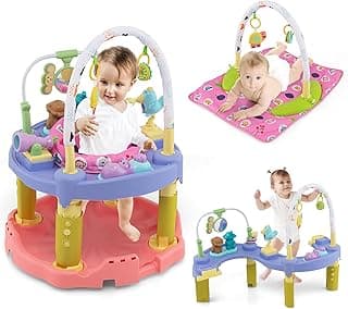 HONEY JOY Baby Bouncer Activity Center, 3-Stage Bouncing Activity Saucer & Playtime Mat & Activity Table, Toy-Bar, 3 Adjustable Heights, Foldable Activity Center for Infants & Toddlers(Pink)