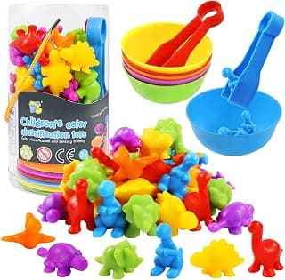RAEQKS Counting Sorting Dinosaur Toys Montessori Sensory Matching Toy with Bowls Preschool Learning Activities Educational Stacking STEM Game Animals Gifts Sets for Kids Aged 3+ Years Old Boys Girls