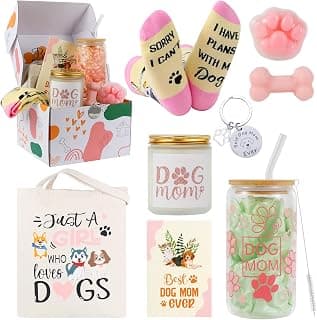 Bayelove Dog Mom Gifts for Women Best Dog Mom Gifts Dog Gift Basket Cool Gifts for Dog Lovers Include Canvas Tote Bag Glass Cup Keychain Socks Gift Card for Birthday Christmas Mothers Day