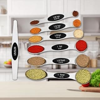 Magnetic Measuring Spoons Set with Strong N45 Magnets, Heavy Duty Stainless Steel Metal, Fits in Most Kitchen Spice Jars for Baking & Cooking, BPA Free, Set of 7 with Leveler, Black