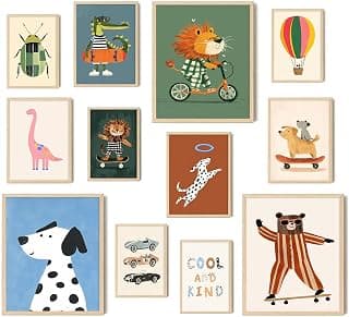 Aroutde 12Pcs Cartoon Animal Canvas Wall Decor Nursery Room Playful Animals Prints Modern Artwork for Kids Room Playroom Decor (Unframed)
