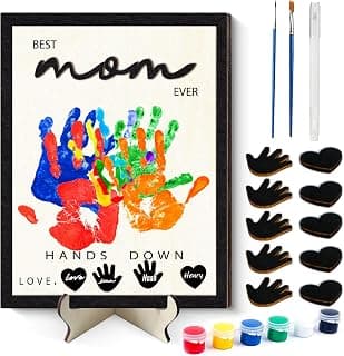 12 Inch Best Mom Ever Hands Down Wooden Plaque Sign, DIY Family Handprint Gift Kit for Mother with Paints & Accessories, Toddler Crafts Keepsake from Kids for Mom Mommy Mama Stepmom Grandma