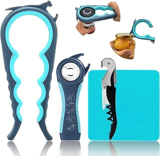Otstar Jar Openers for Weak Hands, 5 in 1 Bottle Opener for Seniors with Arthritis - Multifunctional Lid Remover Set, Includes Non-slip Rubber Jar Gripper Pad, Wine Opener (Blue and Grey)
