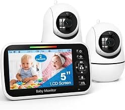 GoodBaby 5" Split Screen Baby Monitor with 2 Cameras and Audio | No WiFi Secure Camera, 30-Hour Battery, Remote PTZ, Auto Night Vision, Room Temperature, Two-Way Audio,Lullabies,960 ft Range