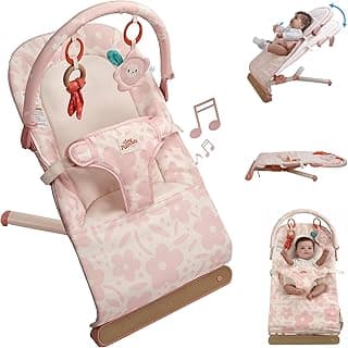 Tiny Marvels Baby Bouncer Seat 0–12 Months, Ergonomic Portable Design with 3-Point Harness, Soothing Music & Removable Bar, Foldable Baby Seat for Newborns & Toddlers Under 20 lbs