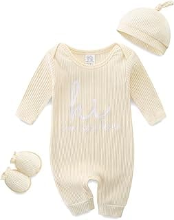 Baby Romper with Baby Mittens & Newborn Hats Footless Long Sleeve | Solid Onesie Hi Im New Here Baby Clothes Boy Girl Newborn Onesie Romper 0-3 Months Baby Boy Stuff Coming Home Outfit Gifts