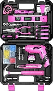 Pink Tool Set for Women,130 Piece Home Tool Kit for Women with 3.6V Cordless Rechargeable Screwdriver,Basic Household Tool Kit Set for New Home,Apartment,College Dorm & DIY Projects