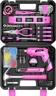 Pink Tool Set for Women,130 Piece Home Tool Kit for Women with 3.6V Cordless Rechargeable Screwdriver,Basic Household Tool Kit Set for New Home,Apartment,College Dorm & DIY Projects