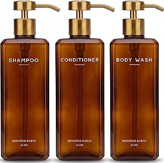 Luxury Shampoo and Conditioner Dispenser Set by Brighter Barns - 16oz Refillable Shower Shampoo Dispenser - Shower Bottles with Stainless Steel Pumps for Modern Home Decor, Spa, Gifts (Amber/Gold)