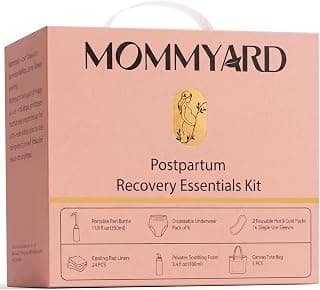 Includes peri bottle, soothing foam, self-absorbent disposable underwear, hot cold packs, soothing liners and canvas tote bag