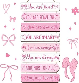 Qunclay Inspirational Girl Room Decor Aesthetic Art Wall Hanging Sign Inspiring Colorful Rainbow Wooden Decoration for Kids Toddler Boy Baby Bedroom Nursery Dorm Decor, 6-12 Years (Pink Bow)