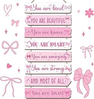 Qunclay Inspirational Girl Room Decor Aesthetic Art Wall Hanging Sign Inspiring Colorful Rainbow Wooden Decoration for Kids Toddler Boy Baby Bedroom Nursery Dorm Decor, 6-12 Years (Pink Bow)