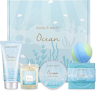 Gifts for Women, Bath and Body Womens Gift Sets with 5 Pcs Ocean Scented Spa Gifts for Women Bath Gift with Scented Candle Body Butter Hand Cream Bath Bomb Mothers Day Gifts