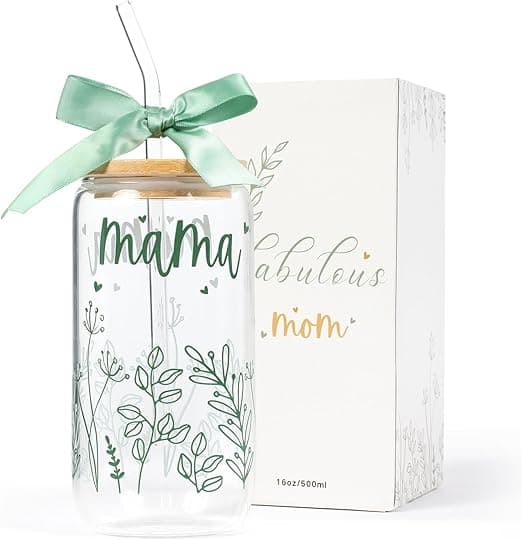 Perfect Gift Idea: Gifts for Mom-Bow Mama Glass Cup with Lids and Straws Cute Aesthetic Iced Coffee Cup Smoothie Tumbler Gift for Mothers Day Christmas New Mom to be Personalized Birthday Presents for Women 16oz
