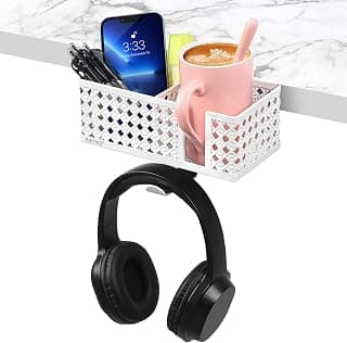 Anti-Spill clip on drink holder for desk, space-saving edge clamp, neat & dry, holds cup/phone/pen, for office home(White)