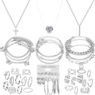 Silvery Plated Jewelry Sets for Women Fashion Costume Jewelry Necklace Bracelet Rings Earrings Set for Women Valentine's Day, Christmas, anniversaries, birthday parties