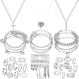 Silvery Plated Jewelry Sets for Women Fashion Costume Jewelry Necklace Bracelet Rings Earrings Set for Women Valentine's Day, Christmas, anniversaries, birthday parties
