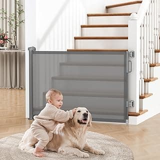 Retractable Baby Gate for Stairs & Doorways, Dog Gate Indoor Outdoor | Extends to 55" Wide 34" Tall Mesh Child Gate for Hallways, Deck, Porch, Pet Toddler Safety Essentials, Easy Install, Grey