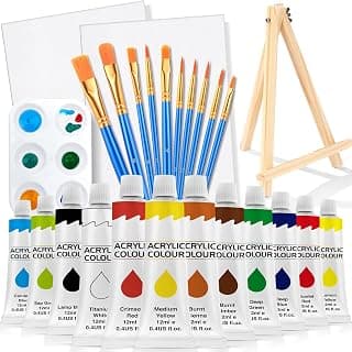 ESRICH 26 PCS Acrylic Paint Set with 12 Colors Acrylic Paints | 10 Paint Brushes, 2 Canvas, 1 Wood Easel, 1 Plate, Painting Supplies Kits for Kids, Adults, Artists and Beginners