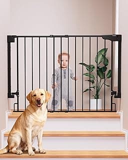 Cumbor 29.2–43" Baby Gate for Stairs, Hardware Mounted (Drill Required), Expandable No Bottom Bar Dog Gate, Auto Close Extra Wide Walk Thru, Pet & Toddler Proof Gate, Top & Bottom of Stairways(Black)