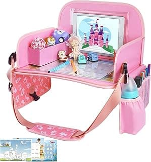 MENZOKE Kids Travel Tray for Toddler Car Seat, Road Trip Activities for Kids with iPad Holder Stand & Dry Erase Board, Road Trip Essentials Accessories Lap Tray as Travel Gifts for Kid, Pink