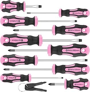 Amartisan 10-Piece Magnetic Screwdrivers Set, 5 Phillips and 5 Slotted Tips Professional Cushion Grip Screwdriver Set 2pcs Portable Multifunction Key Mini Screwdriver (Pink)