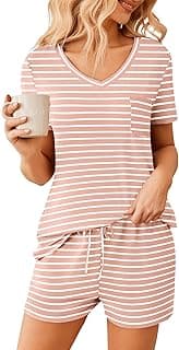 Ekouaer Womens Pajama Sets Shorts Soft 2 Piece Lounge Set with Chest Pocket | Lightweight Sleepwear, V-neck short sleeve top with drawstring shorts, casual Pjs for all-season daily wear, available in XS