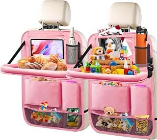 2Pack Car Backseat Organizer with Foldable Table Tray,6 Storage Pockets Car Storage Organizer with Tablet Holder,Car Seat Back Protectors Kick Mats Travel Accessories (Pink)