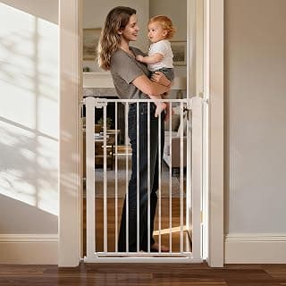 43 inch Tall Safety Dog Gate Adjustable 29.7-45.2 inch Extra-Wide Metal Pet Gate Drill-Free Pressure-Mount Installation kit Self-Closing Cat Gate for Stairwells、Doorways(White)