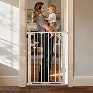 43 inch Tall Safety Dog Gate Adjustable 29.7-45.2 inch Extra-Wide Metal Pet Gate Drill-Free Pressure-Mount Installation kit Self-Closing Cat Gate for Stairwells、Doorways(White)