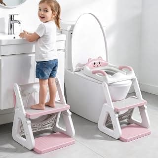 7 Height Adjustable, Splash Guard, Non-Slip Base, Handles, Stable Triangular Fits Most Toilets, for Kids Boys Girls, Pink