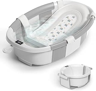 Himold Collapsible Baby Bathtub for Newborn to Toddler 0-36 Months, Spacious Foldable Infant Bath Tub with Thermometer, Cushion & Drain Hole, Portable Travel Tub Grey