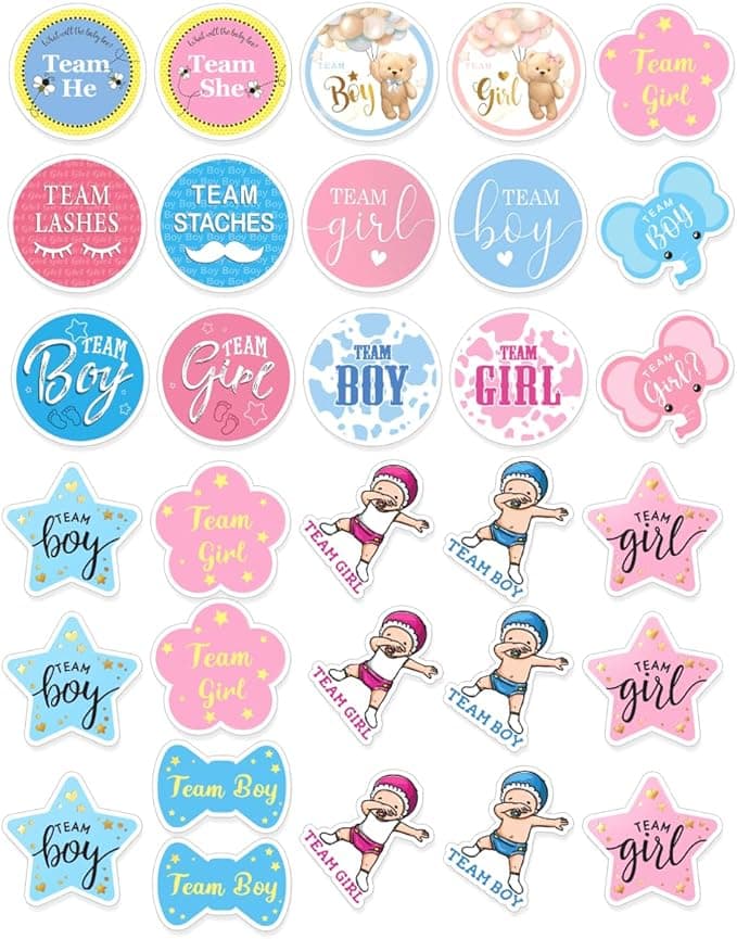 Trending on Amazon: Team Boy Girl Baby Shower Stickers Pack for Gender Reveal Party Cute Pastel Vinyl Decorations with Lashes Staches Bear Bee Designs 90Pcs Bike Water Bottles Wall Decoration